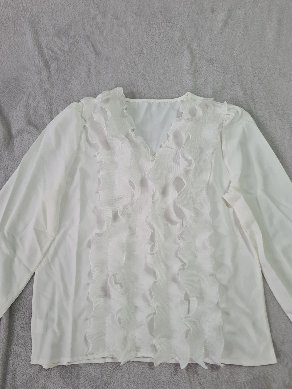 Generic women white long sleeve blouse ruffle trim front V-neck elegant shirt top Xmas outfit L/12