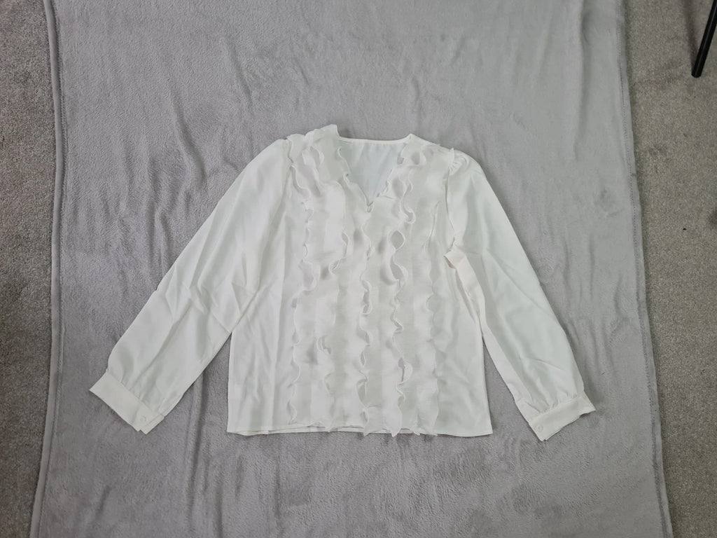 Generic women white long sleeve blouse ruffle trim front V-neck elegant shirt top Xmas outfit L/12