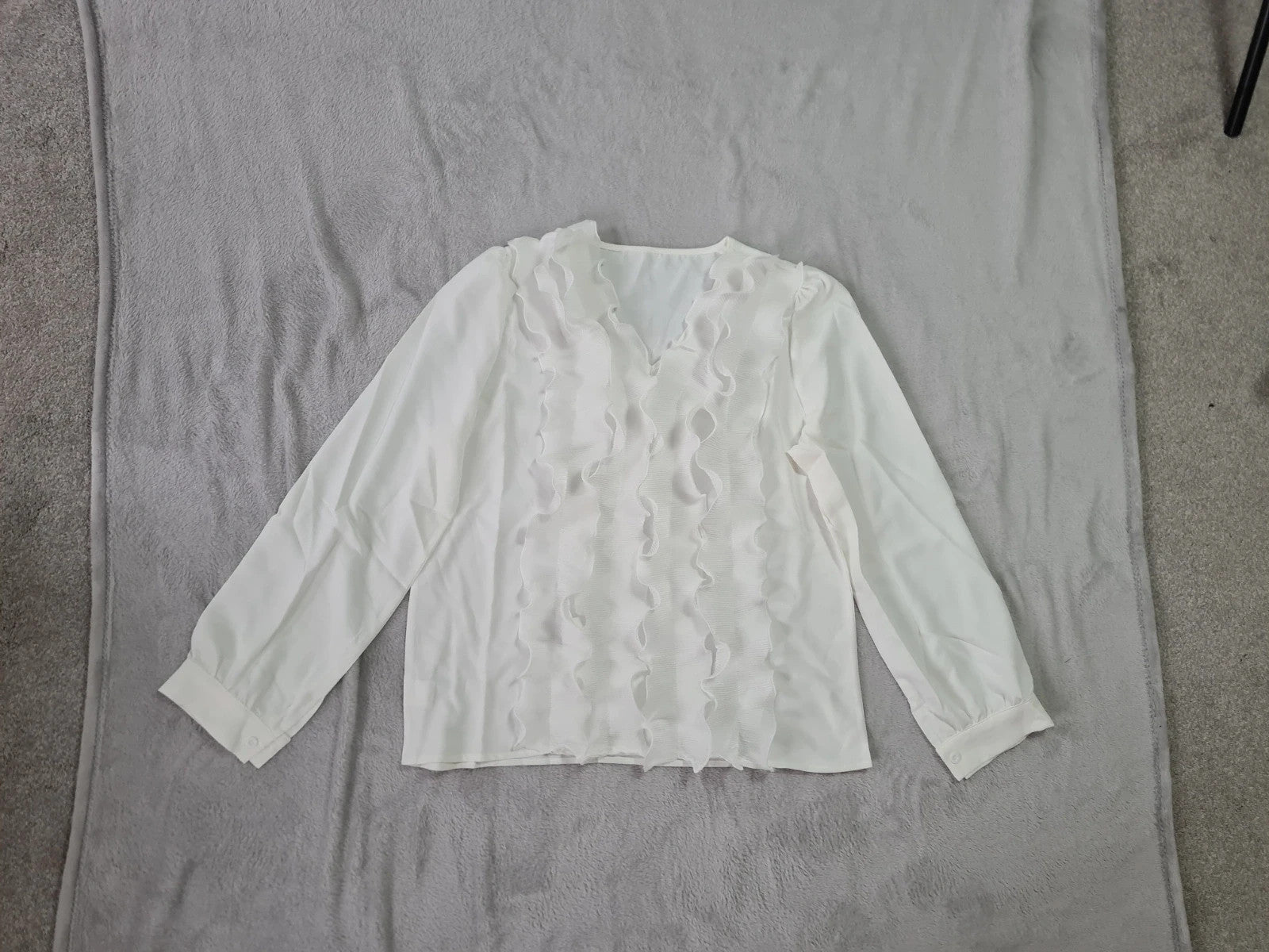 Generic women white long sleeve blouse ruffle trim front V-neck elegant shirt top Xmas outfit L/12