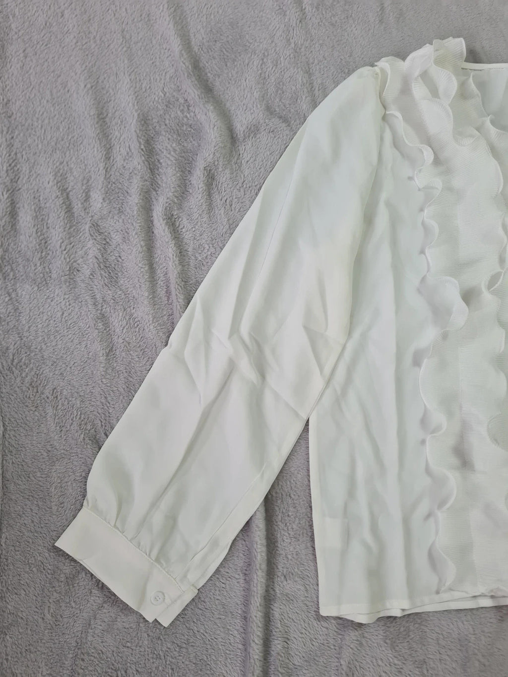 Generic women white long sleeve blouse ruffle trim front V-neck elegant shirt top Xmas outfit L/12