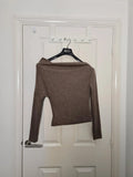 Shein women brown long sleeve one off shoulder drapped top slim fit soft knitted casual S/8