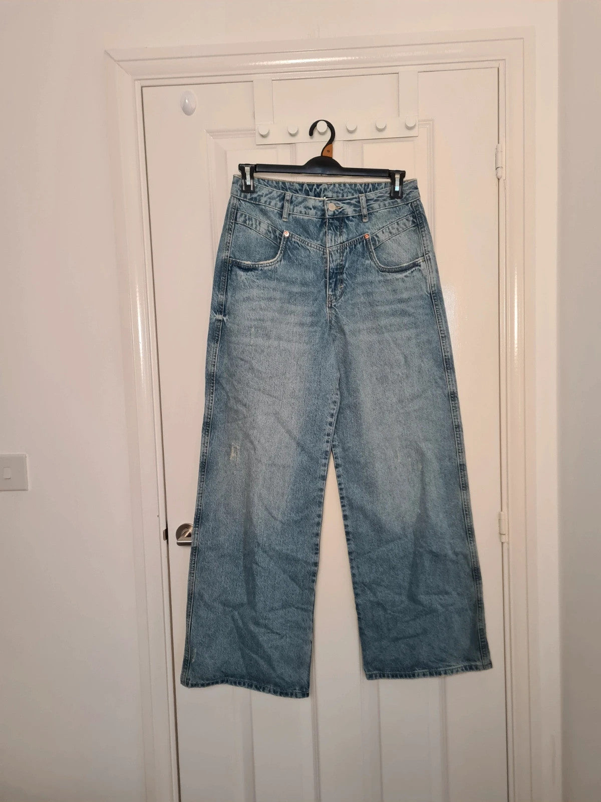 V by Very women rose yoke wide leg jeans blue cotton high rise casual L/12