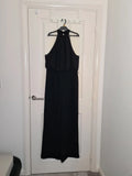 H&M women black halterneck jumpsuit sleeveless wide leg open zip back casual party L/12