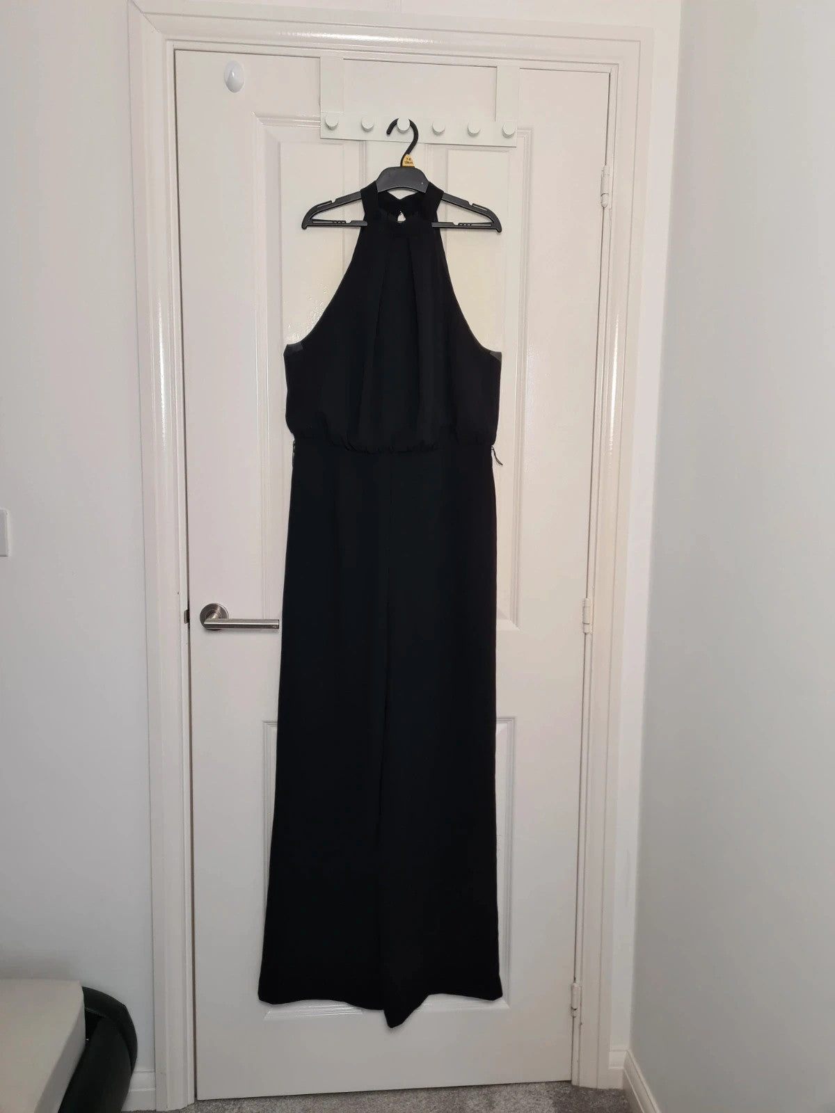 H&M women black halterneck jumpsuit sleeveless wide leg open zip back casual party L/12