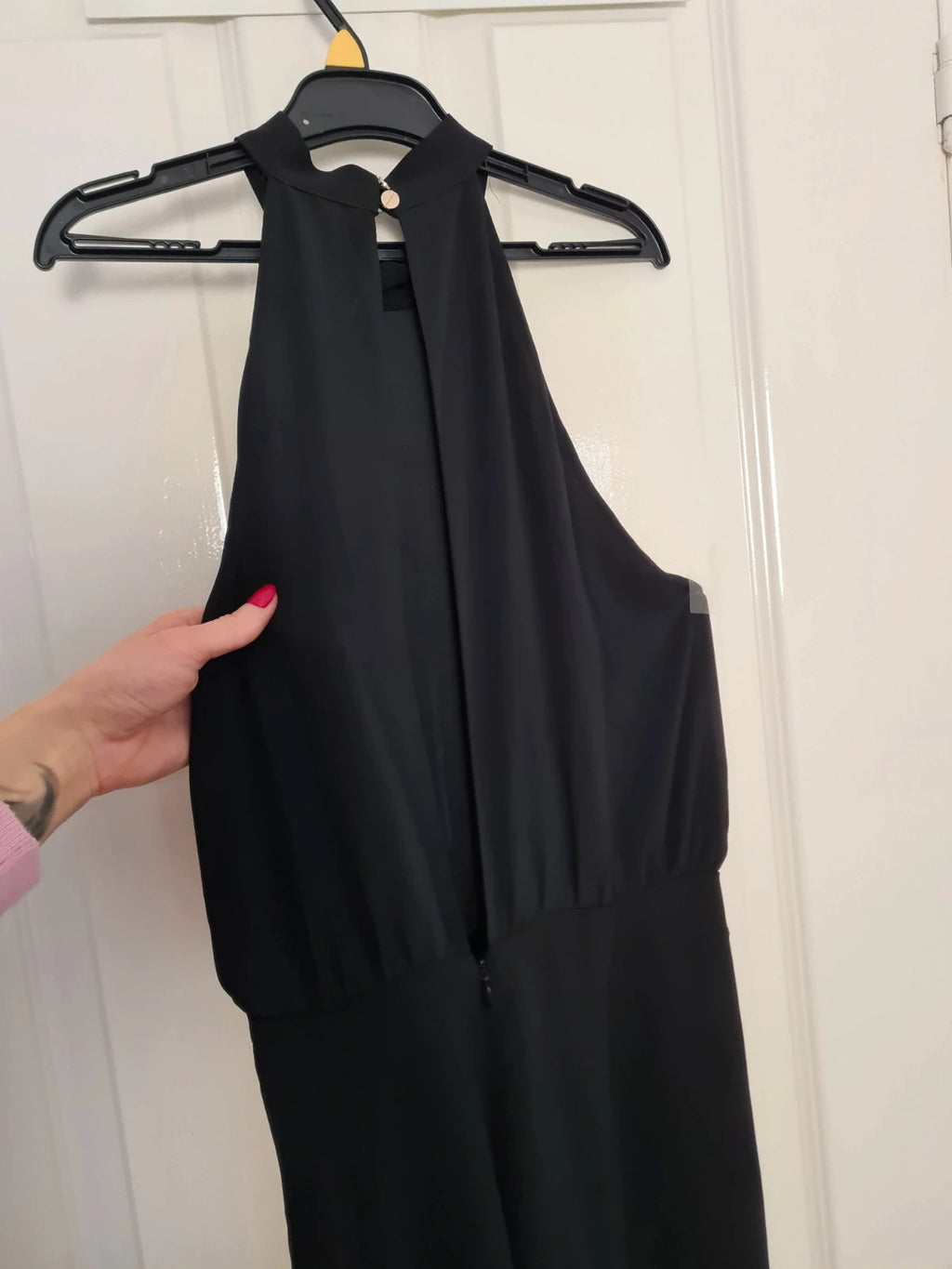 H&M women black halterneck jumpsuit sleeveless wide leg open zip back casual party L/12