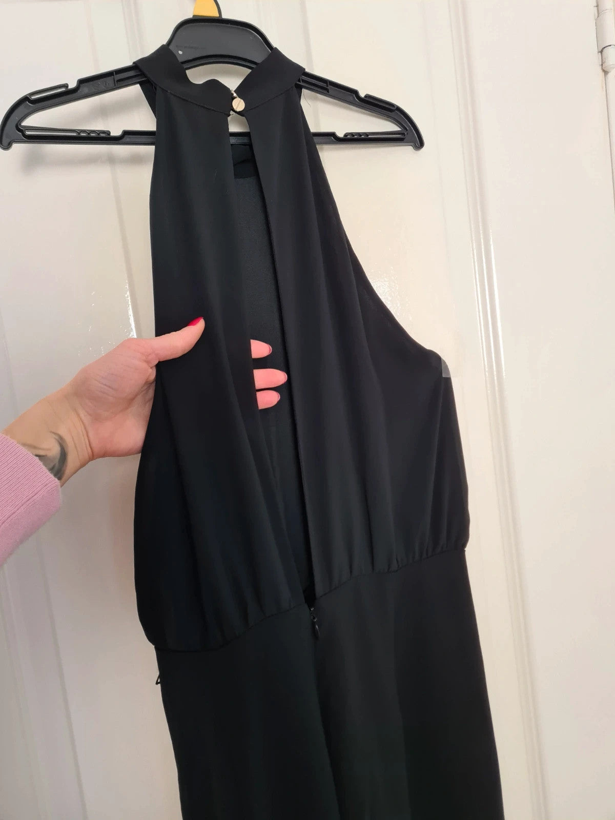 H&M women black halterneck jumpsuit sleeveless wide leg open zip back casual party L/12