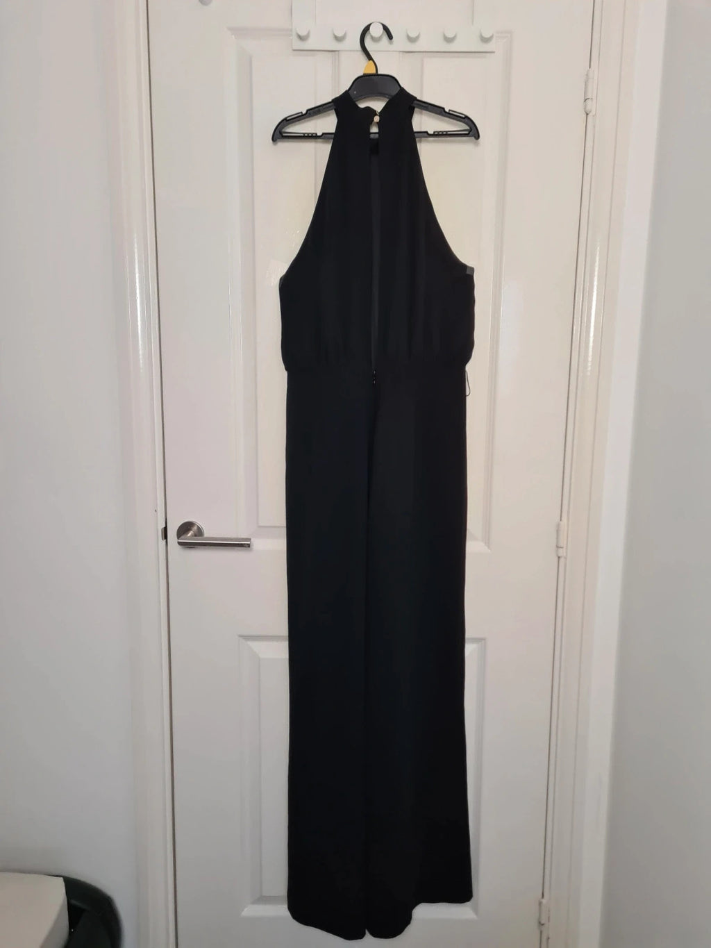 H&M women black halterneck jumpsuit sleeveless wide leg open zip back casual party L/12
