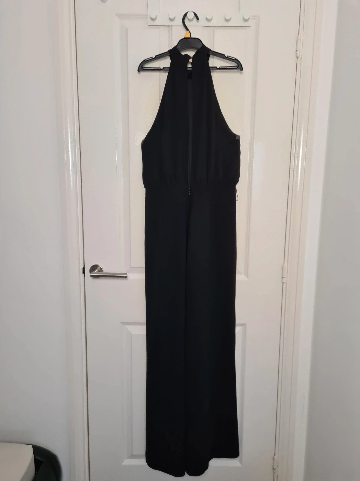 H&M women black halterneck jumpsuit sleeveless wide leg open zip back casual party L/12