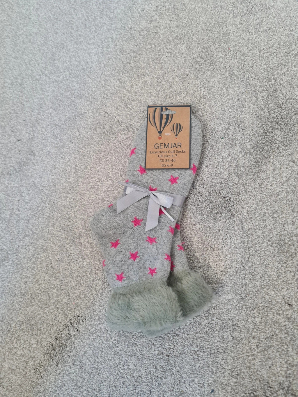Gemjar women yoga grey with pink stars luxurious cuff socks wool touch cosy warm casual  4-7/36-40