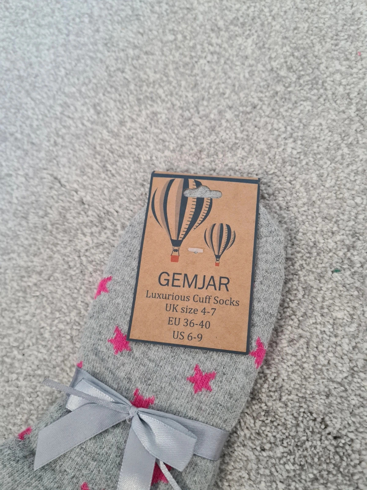Gemjar women yoga grey with pink stars luxurious cuff socks wool touch cosy warm casual  4-7/36-40