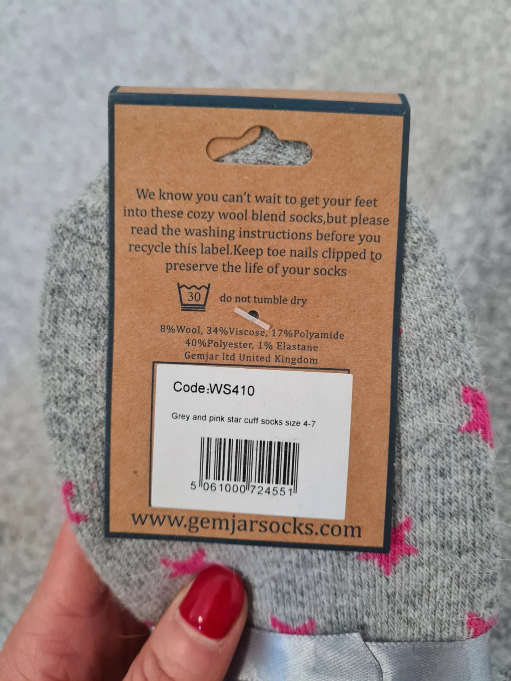 Gemjar women yoga grey with pink stars luxurious cuff socks wool touch cosy warm casual  4-7/36-40