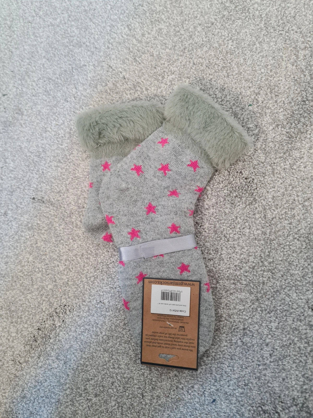 Gemjar women yoga grey with pink stars luxurious cuff socks wool touch cosy warm casual  4-7/36-40