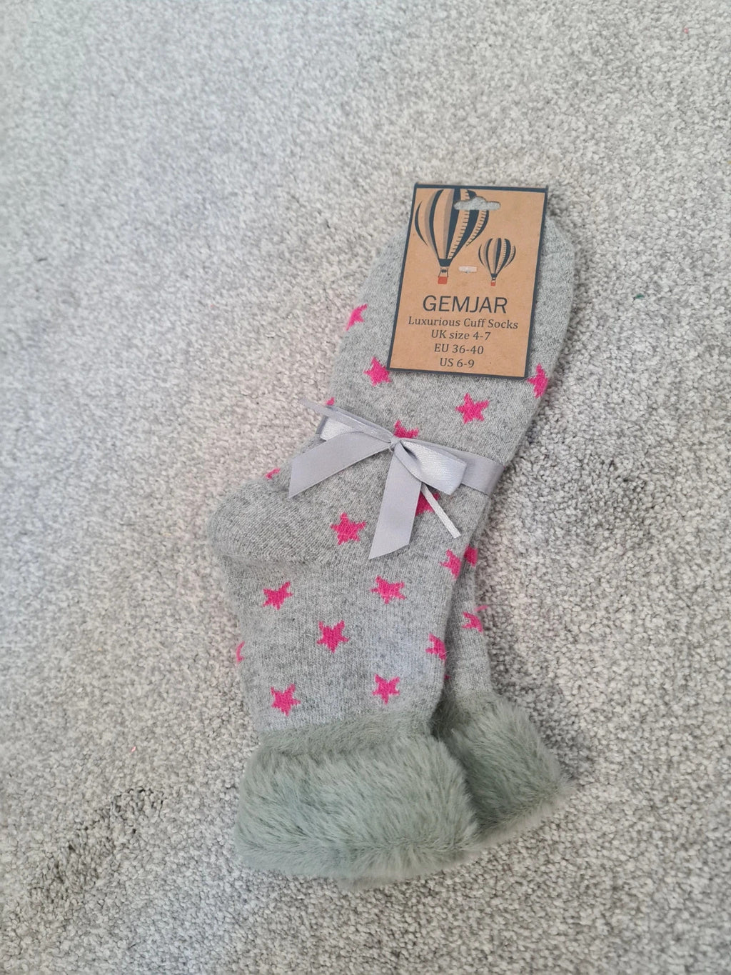 Gemjar women yoga grey with pink stars luxurious cuff socks wool touch cosy warm casual  4-7/36-40