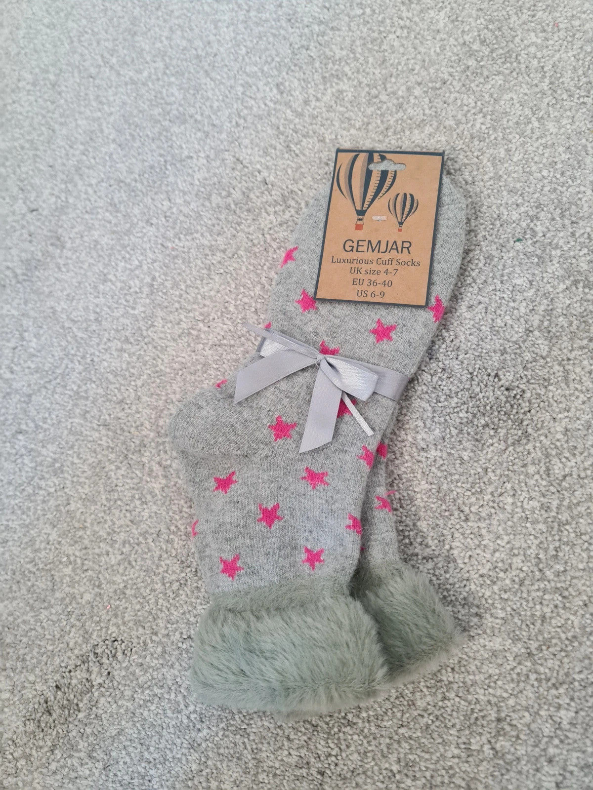 Gemjar women yoga grey with pink stars luxurious cuff socks wool touch cosy warm casual  4-7/36-40