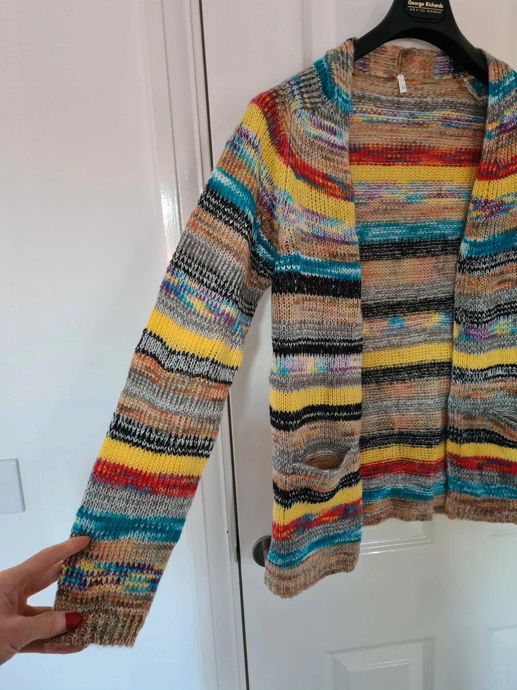 Generic women rainbow striped long sleeve cardigan open front knitted crochet sweater casual M/10