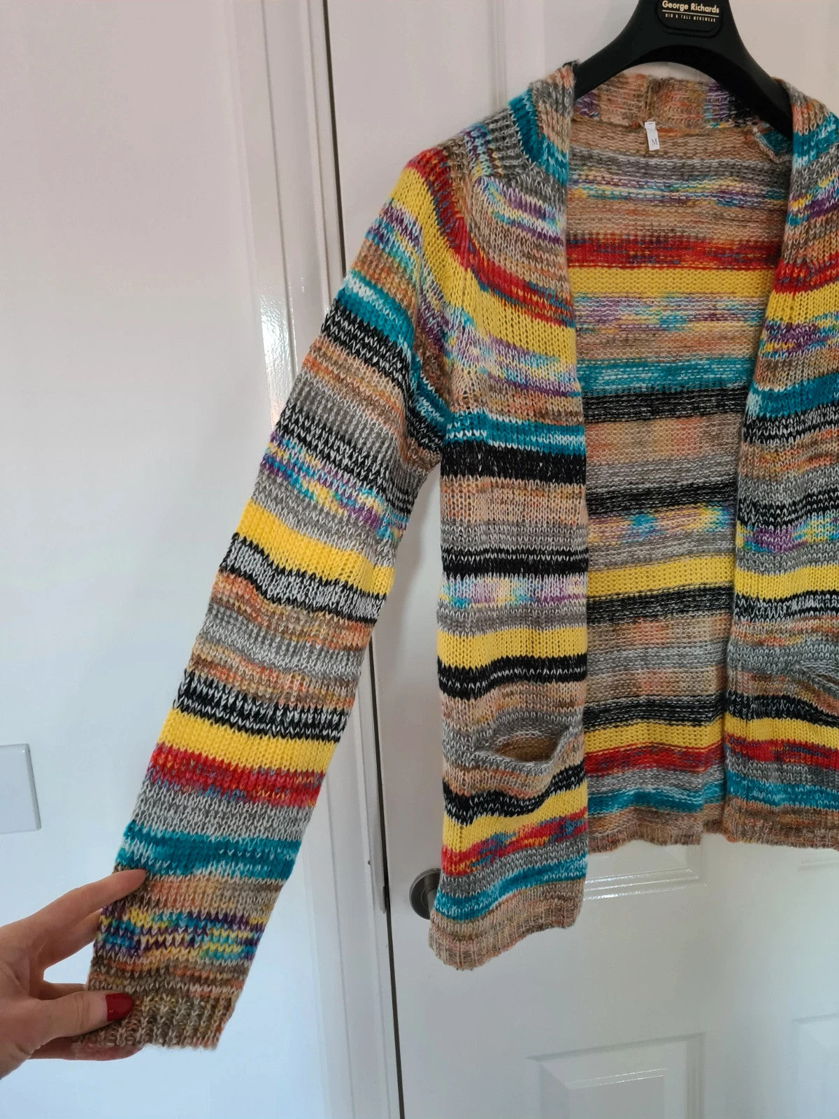 Generic women rainbow striped long sleeve cardigan open front knitted crochet sweater casual M/10