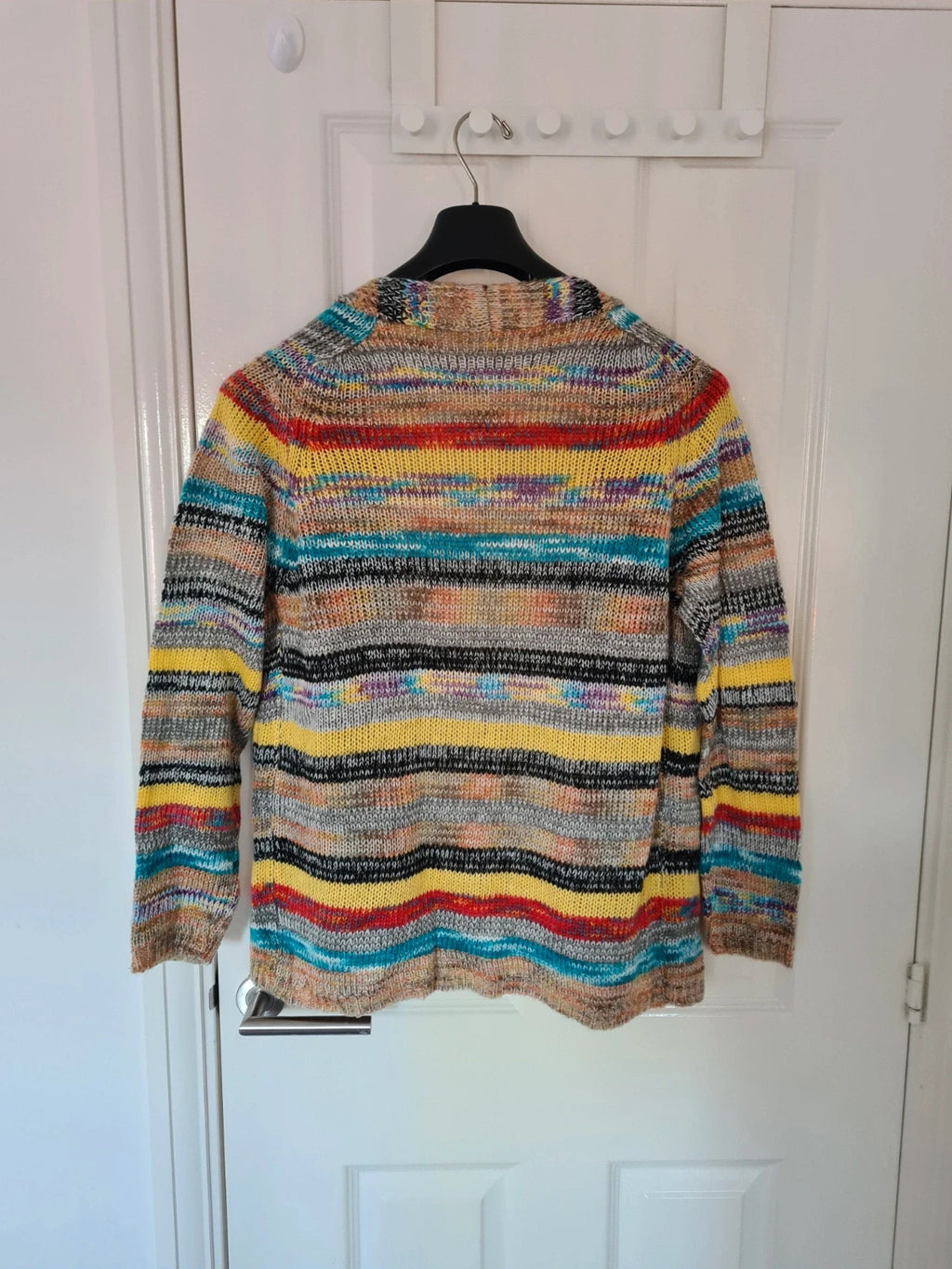 Generic women rainbow striped long sleeve cardigan open front knitted crochet sweater casual M/10