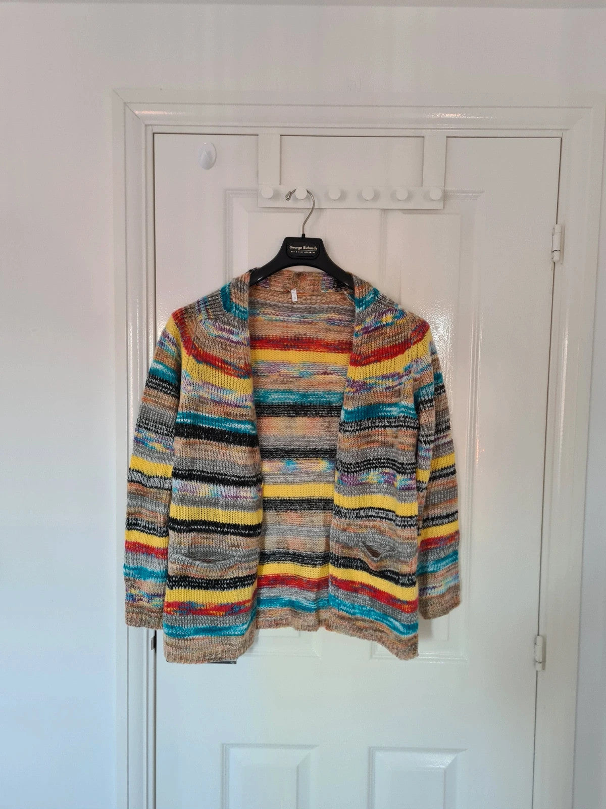 Generic women rainbow striped long sleeve cardigan open front knitted crochet sweater casual M/10
