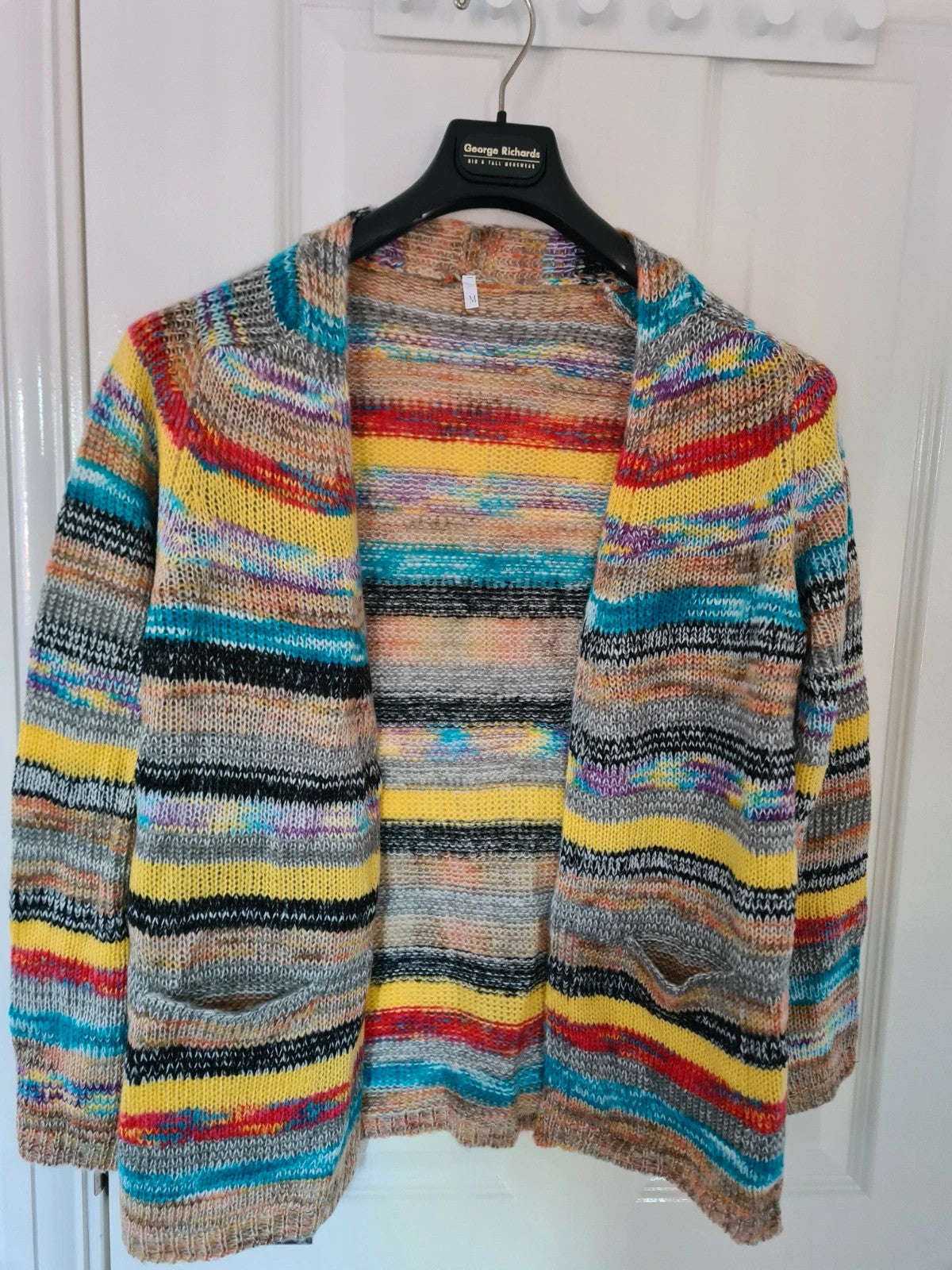 Generic women rainbow striped long sleeve cardigan open front knitted crochet sweater casual M/10