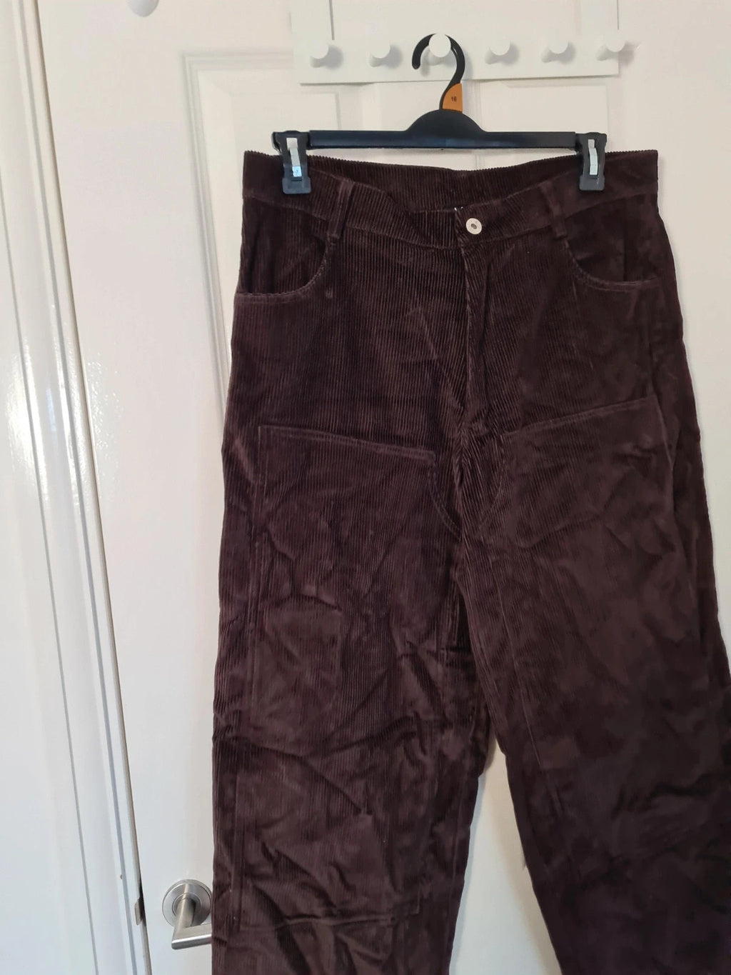 BoohooMan brown baggy carpenter varsity badge trousers cotton pockets straight wide leg W32/M
