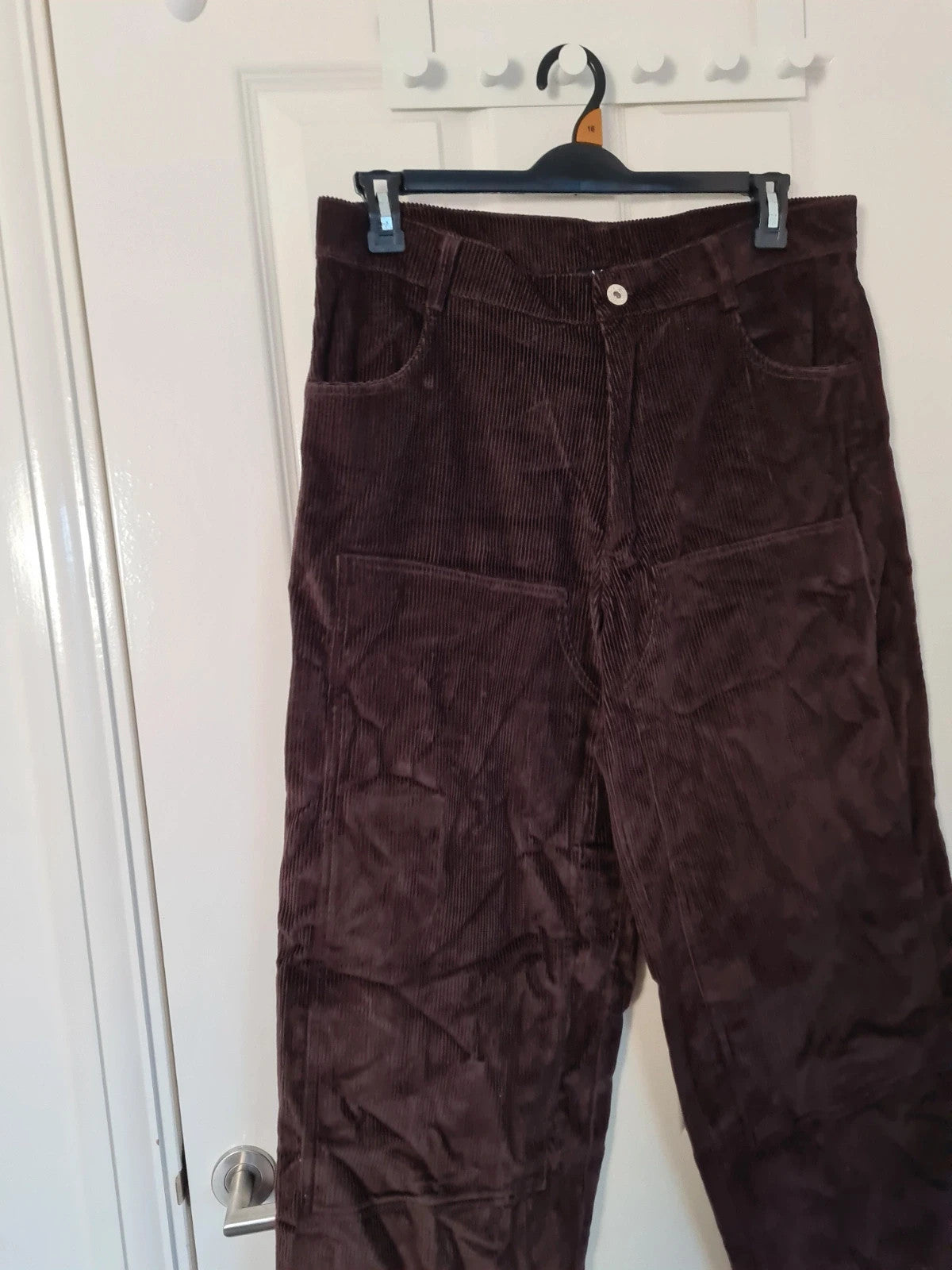 BoohooMan brown baggy carpenter varsity badge trousers cotton pockets straight wide leg W32/M