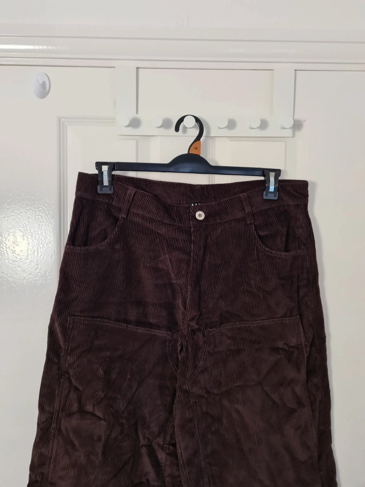 BoohooMan brown baggy carpenter varsity badge trousers cotton pockets straight wide leg W32/M