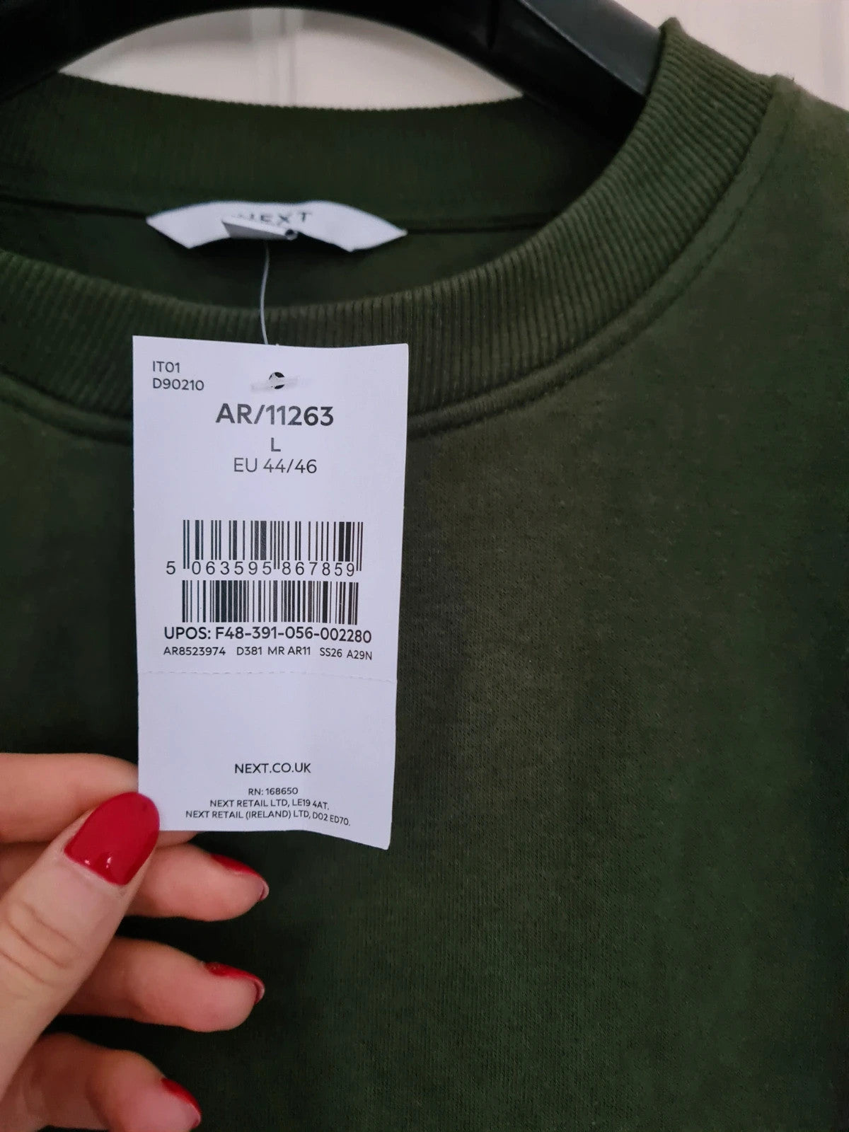 Next men dark green crew neck jumper sweatshirt cotton rich ribbed hem regular fit L
