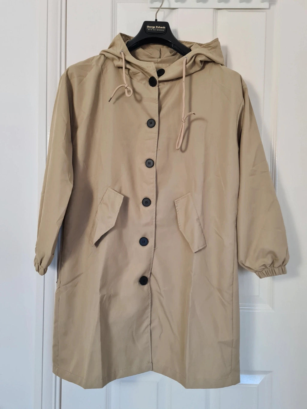 Generic women beige raincoat lightweight hooded parka long jacket cotton touch windbreaker XL/14