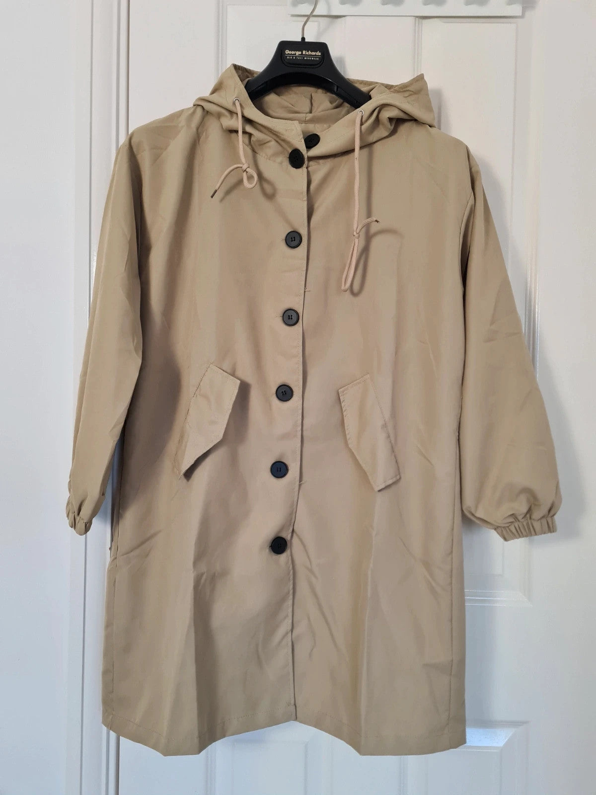 Generic women beige raincoat lightweight hooded parka long jacket cotton touch windbreaker XL/14