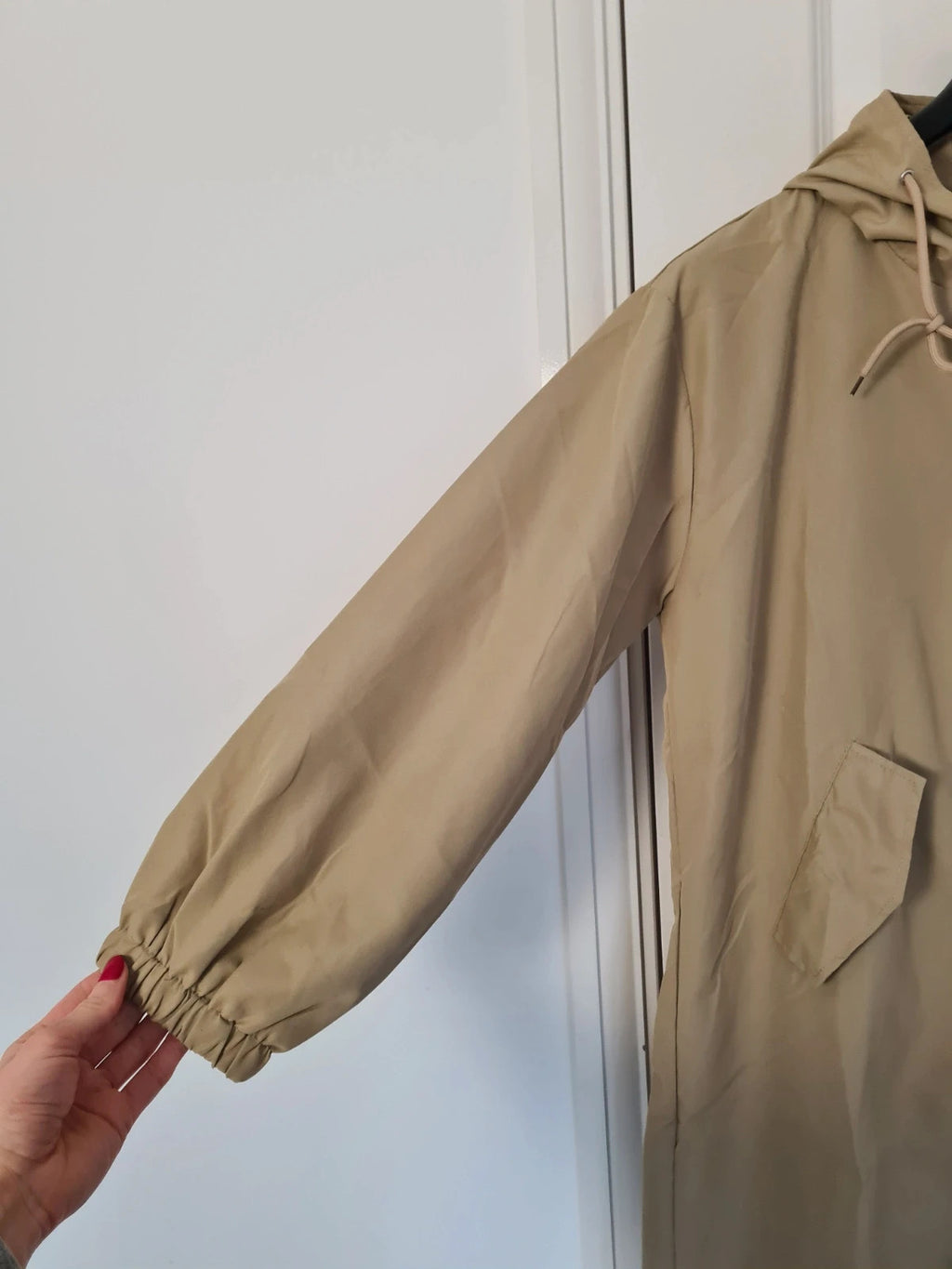 Generic women beige raincoat lightweight hooded parka long jacket cotton touch windbreaker XL/14