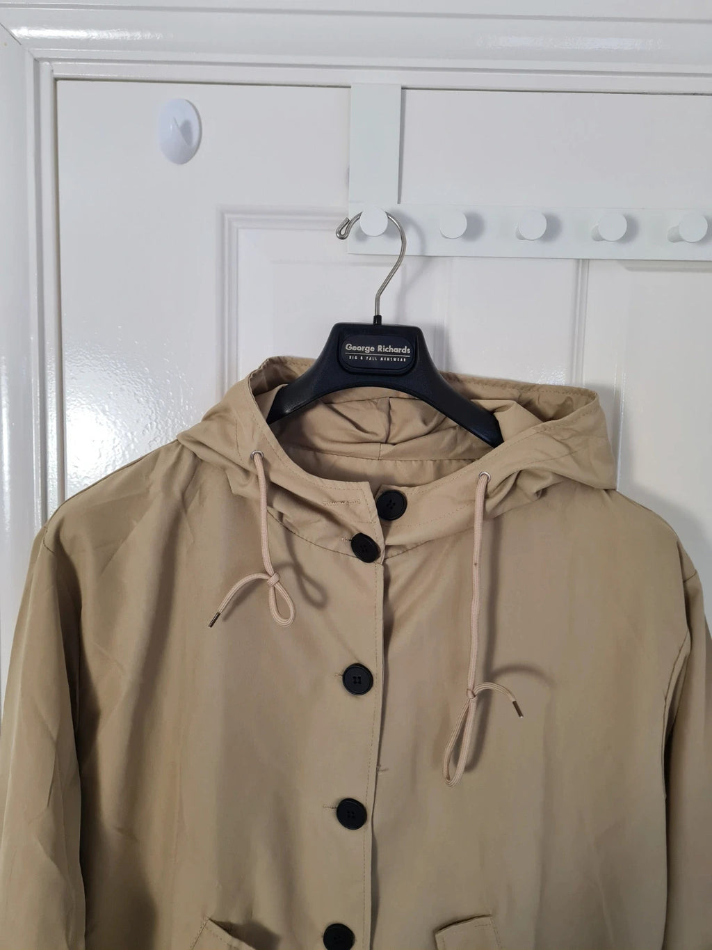 Generic women beige raincoat lightweight hooded parka long jacket cotton touch windbreaker XL/14
