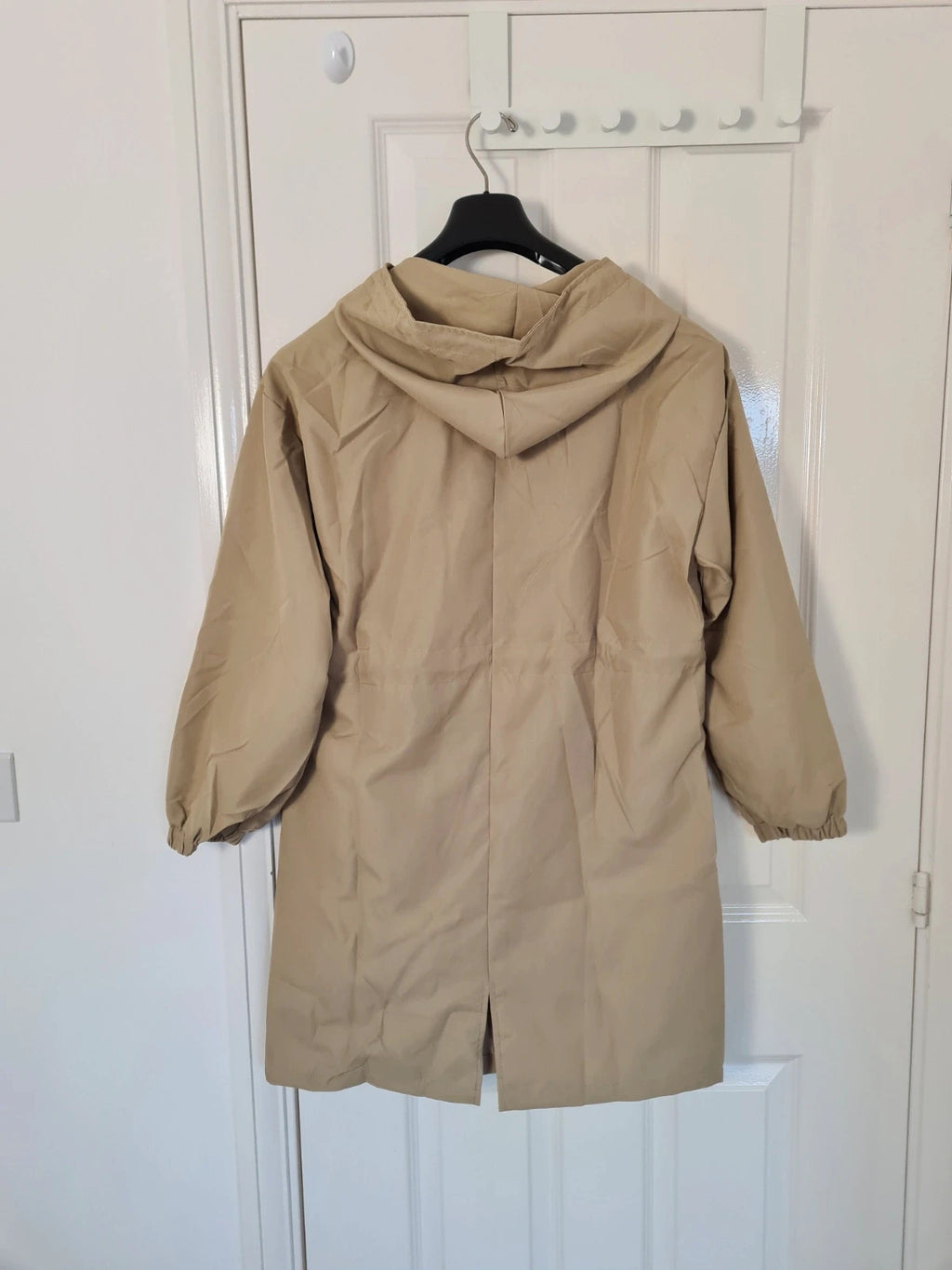 Generic women beige raincoat lightweight hooded parka long jacket cotton touch windbreaker XL/14