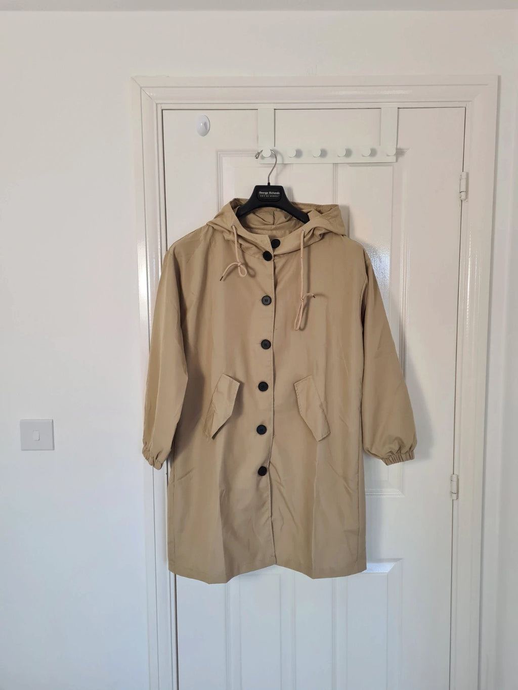 Generic women beige raincoat lightweight hooded parka long jacket cotton touch windbreaker XL/14