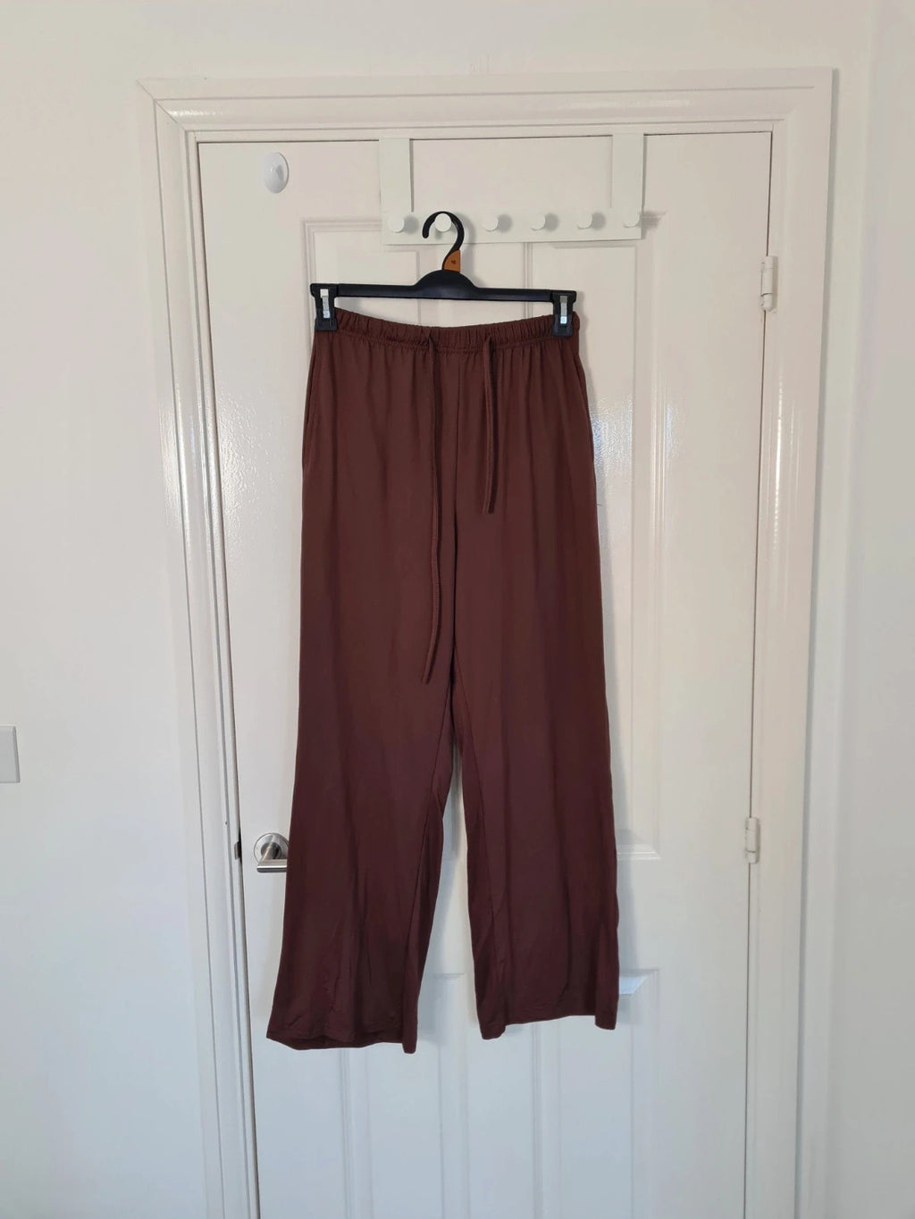 Generic women brown loose fit trousers wide straight leg drawsting elastic waist lounge pants M/10