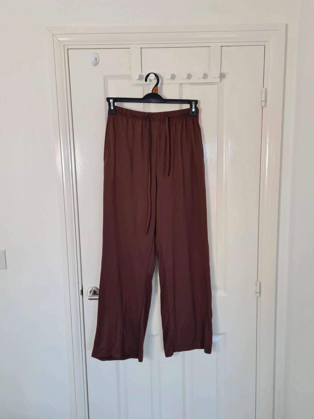 Generic women brown loose fit trousers wide straight leg drawsting elastic waist lounge pants M/10