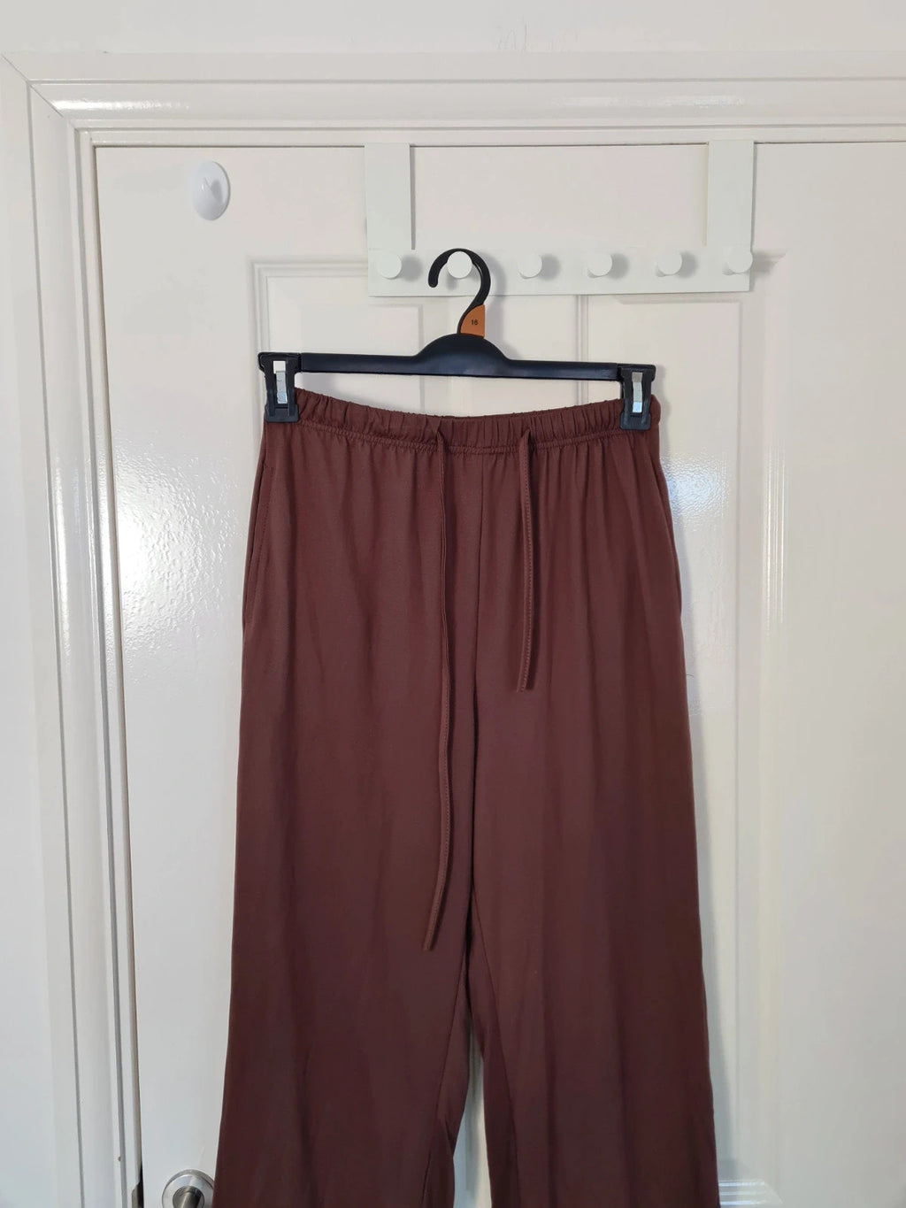 Generic women brown loose fit trousers wide straight leg drawsting elastic waist lounge pants M/10