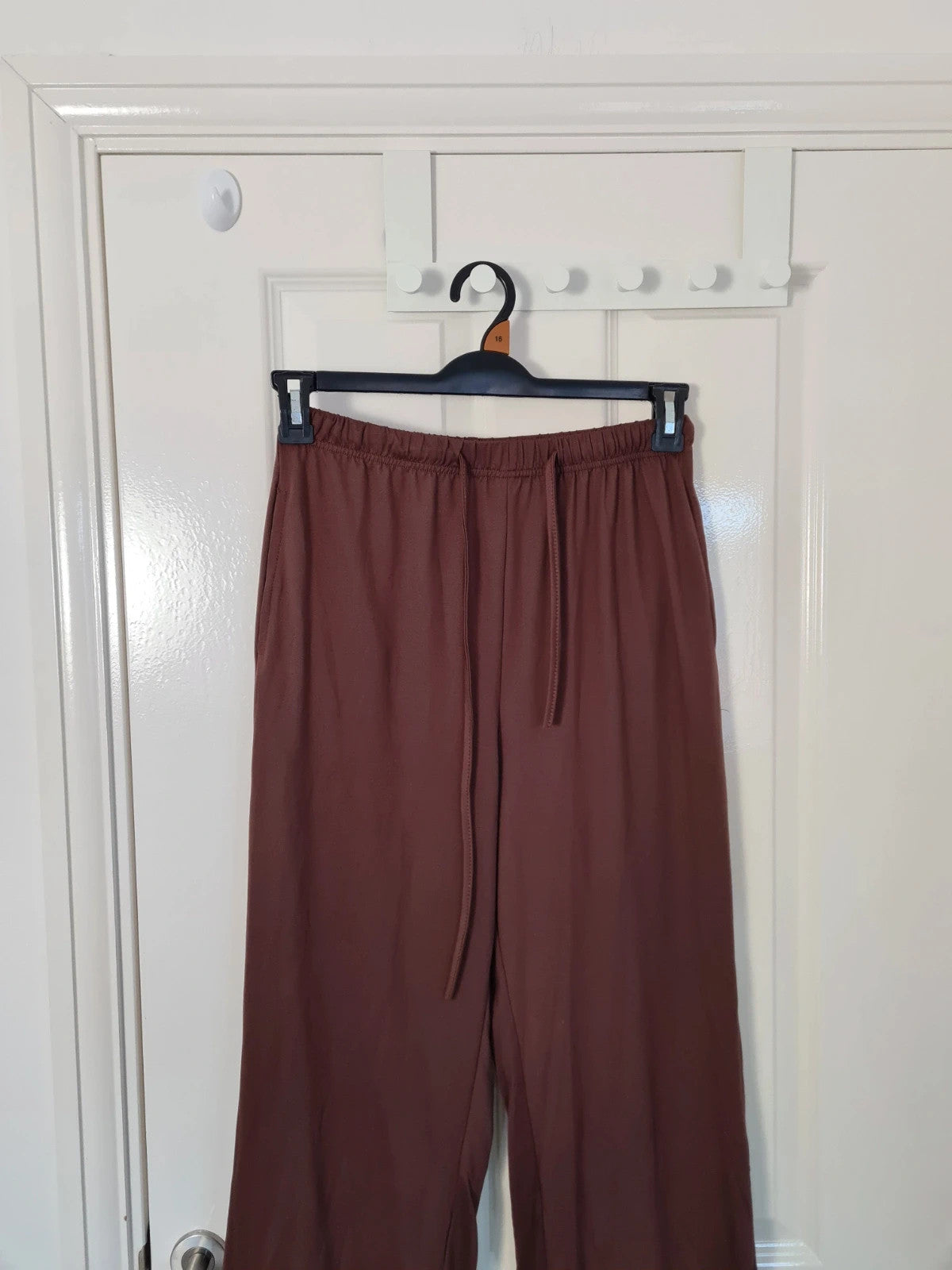 Generic women brown loose fit trousers wide straight leg drawsting elastic waist lounge pants M/10