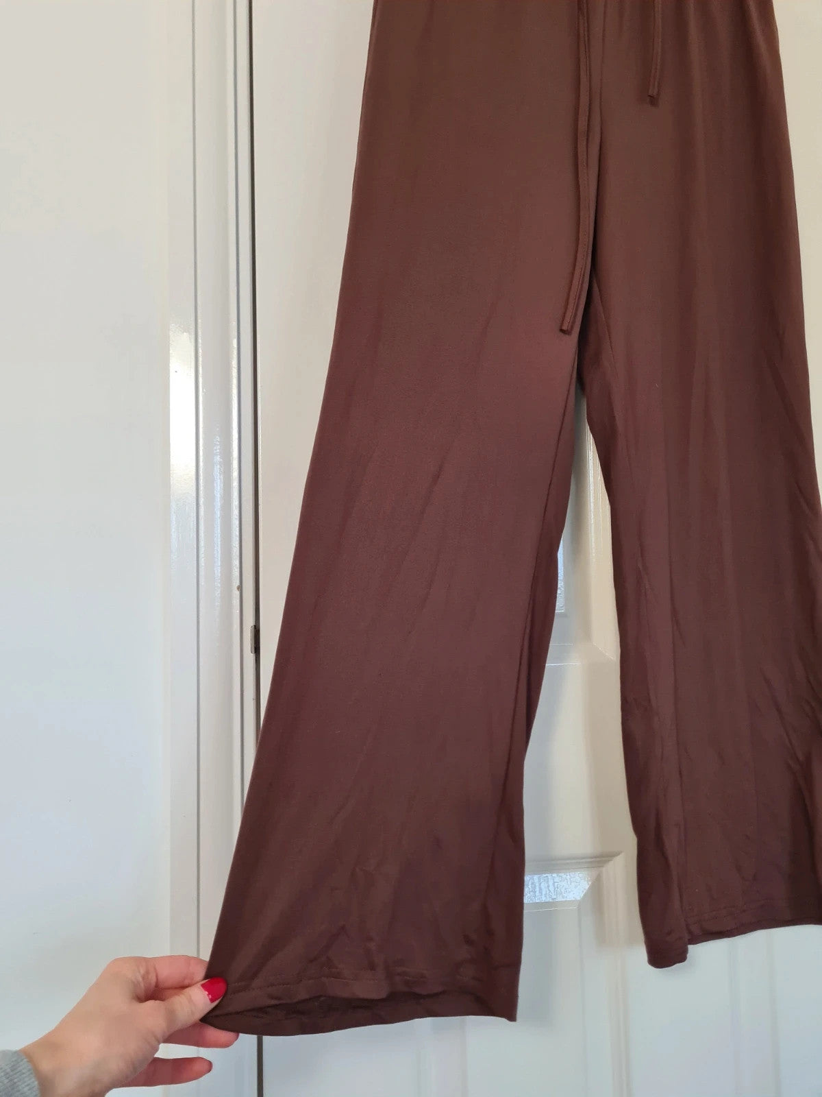 Generic women brown loose fit trousers wide straight leg drawsting elastic waist lounge pants M/10