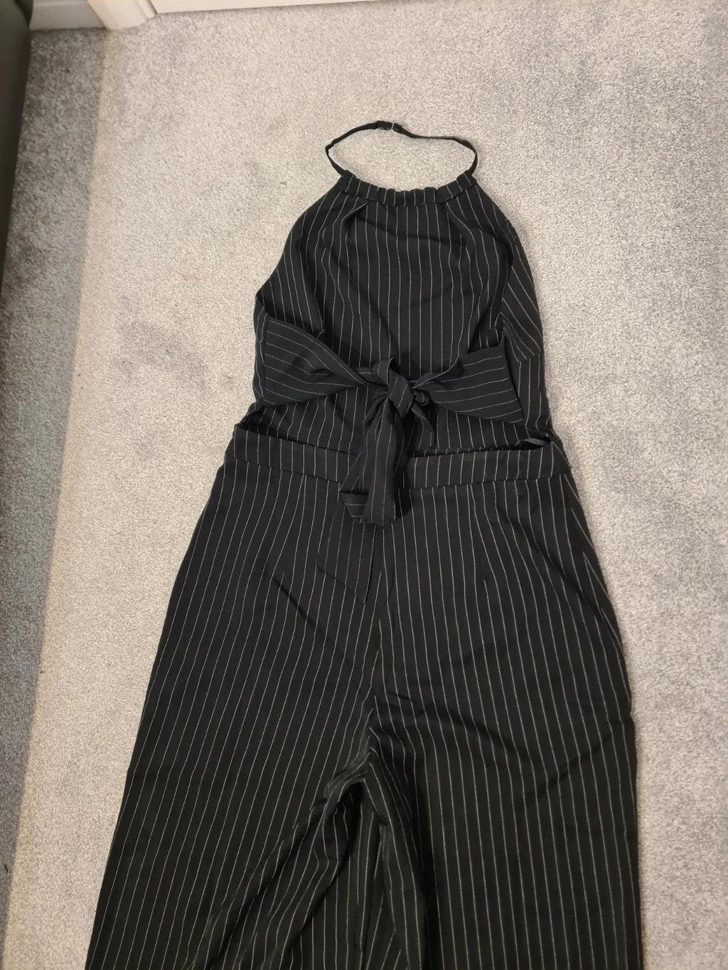 Asos women black halter tie up jumpsuit white stripes wide straight leg tailored party outfit XL/14
