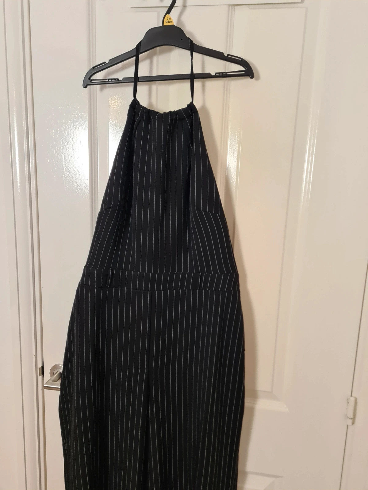 Asos women black halter tie up jumpsuit white stripes wide straight leg tailored party outfit XL/14