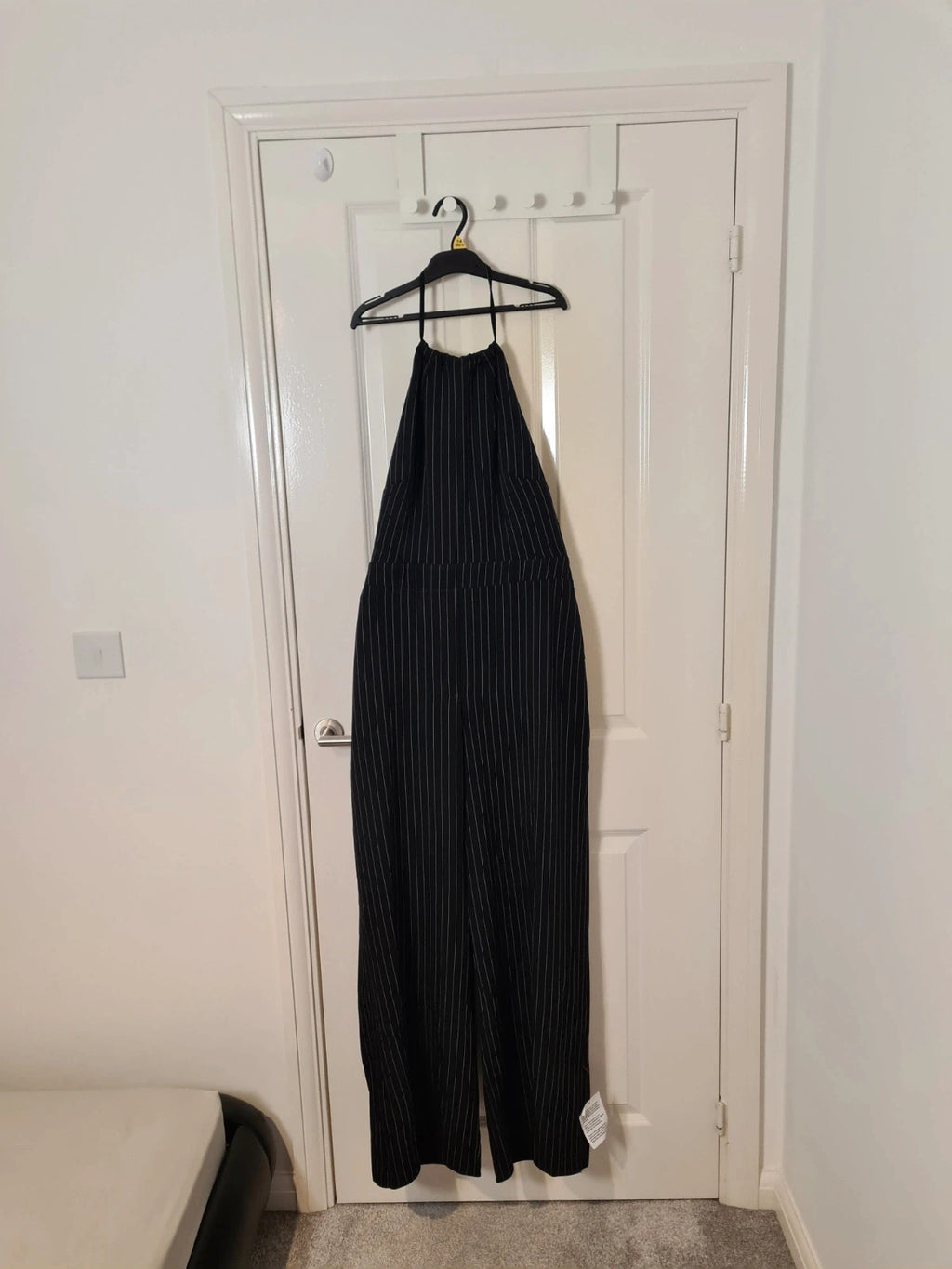 Asos women black halter tie up jumpsuit white stripes wide straight leg tailored party outfit XL/14