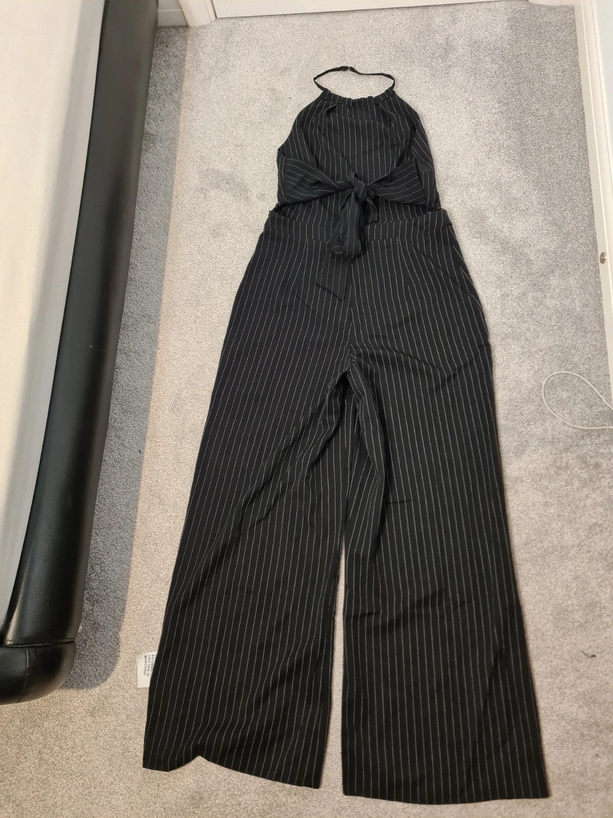 Asos women black halter tie up jumpsuit white stripes wide straight leg tailored party outfit XL/14