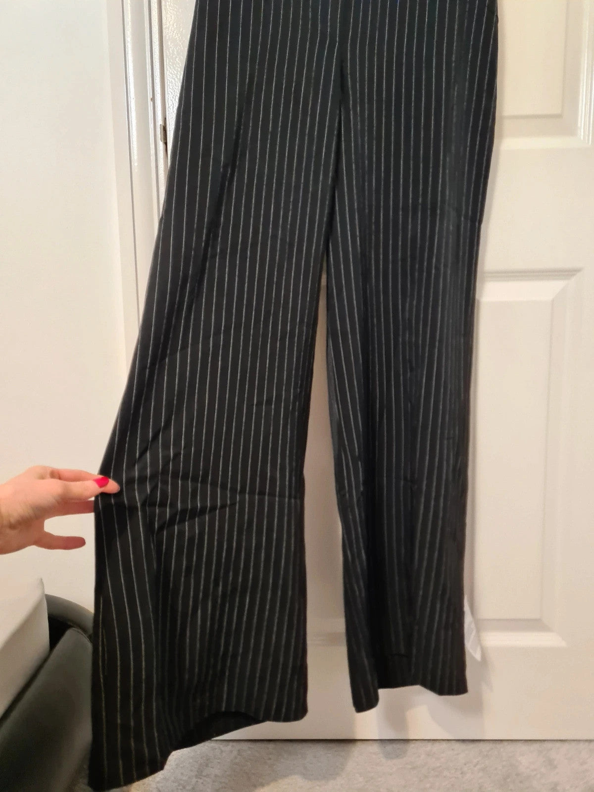 Asos women black halter tie up jumpsuit white stripes wide straight leg tailored party outfit XL/14