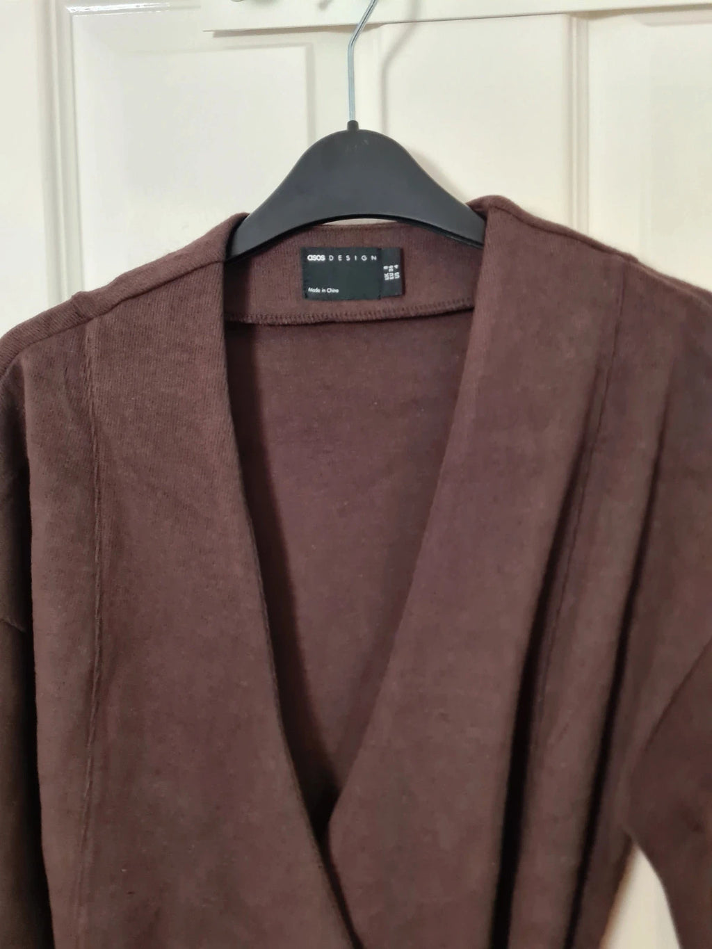 Asos women soft long sleeve wrap tie front mini dress chocolate/brown knitted cotton blend S/8