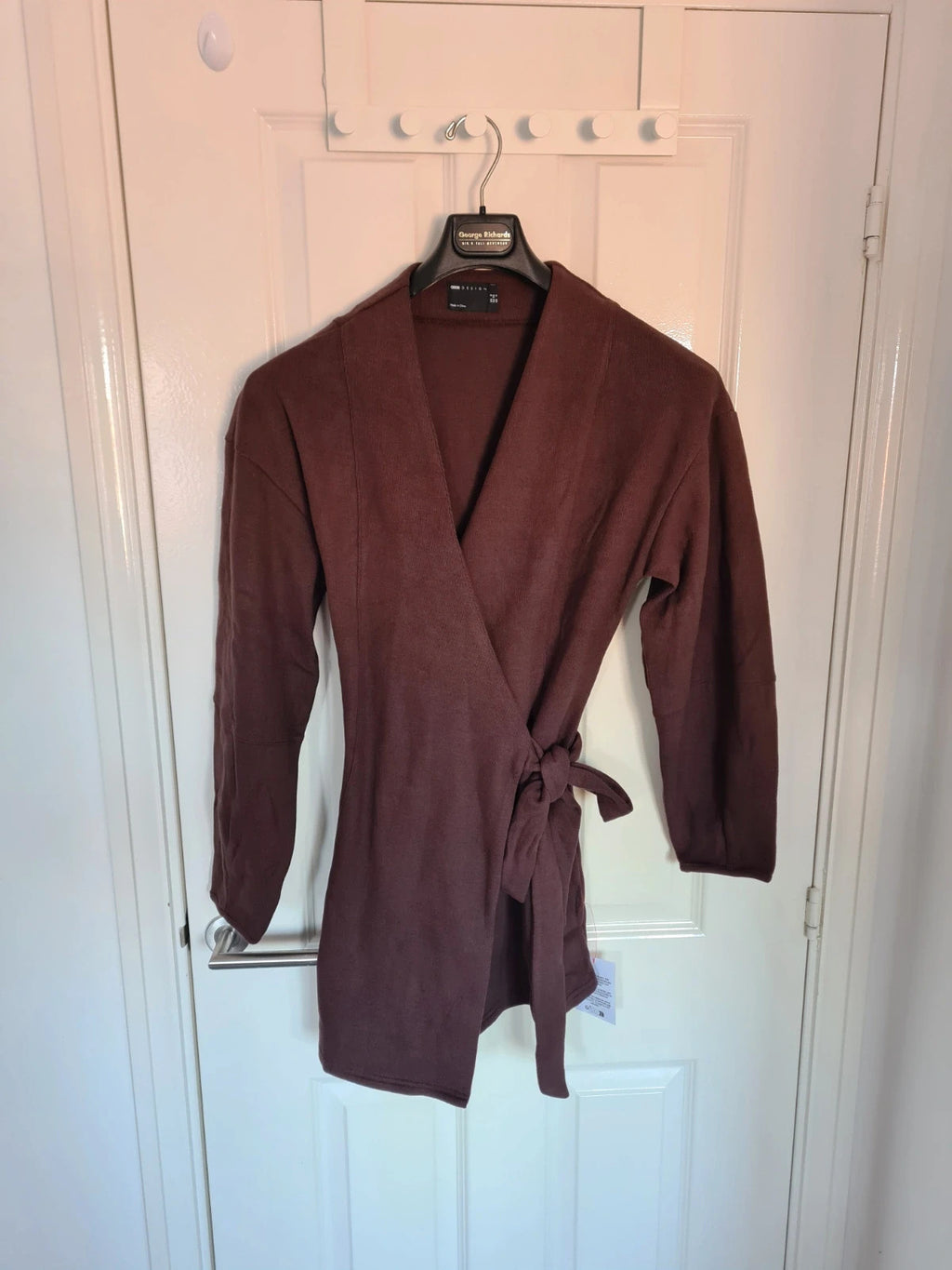 Asos women soft long sleeve wrap tie front mini dress chocolate/brown knitted cotton blend S/8