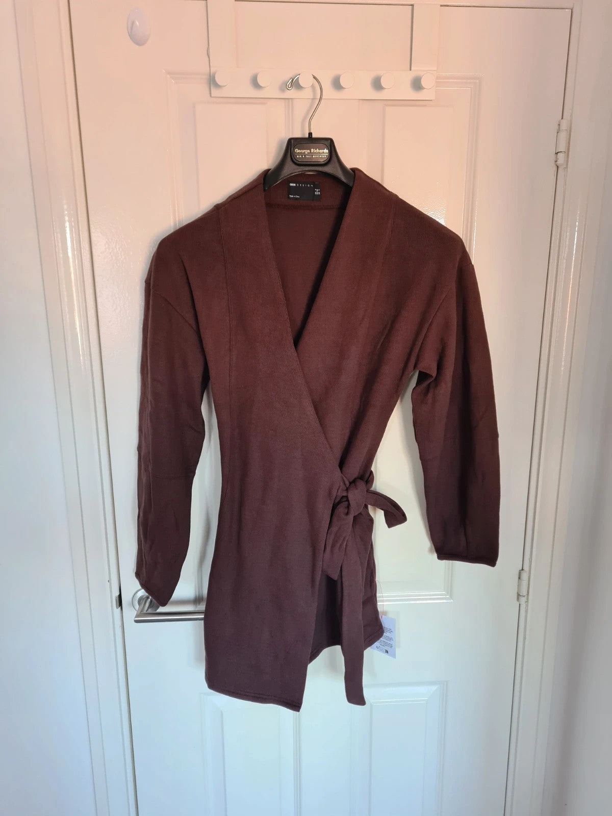 Asos women soft long sleeve wrap tie front mini dress chocolate/brown knitted cotton blend S/8