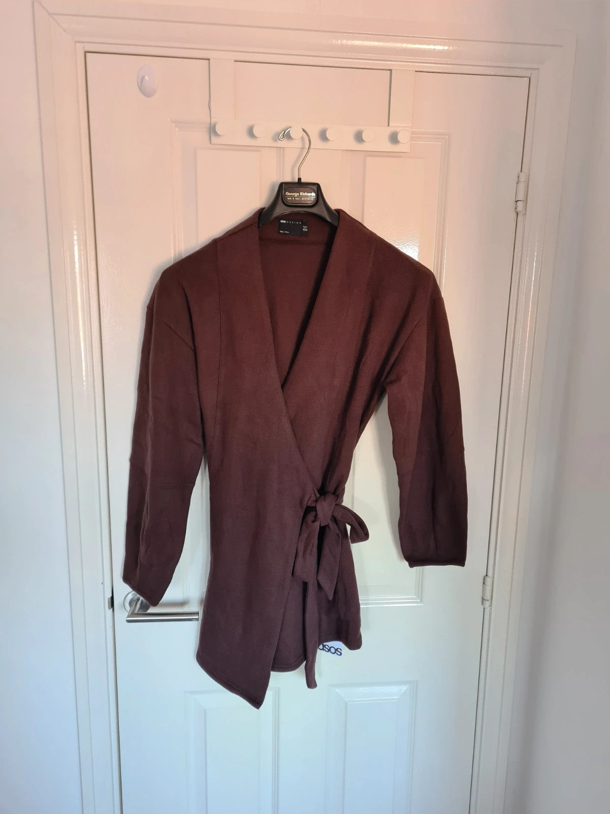 Asos women soft long sleeve wrap tie front mini dress chocolate/brown knitted cotton blend S/8