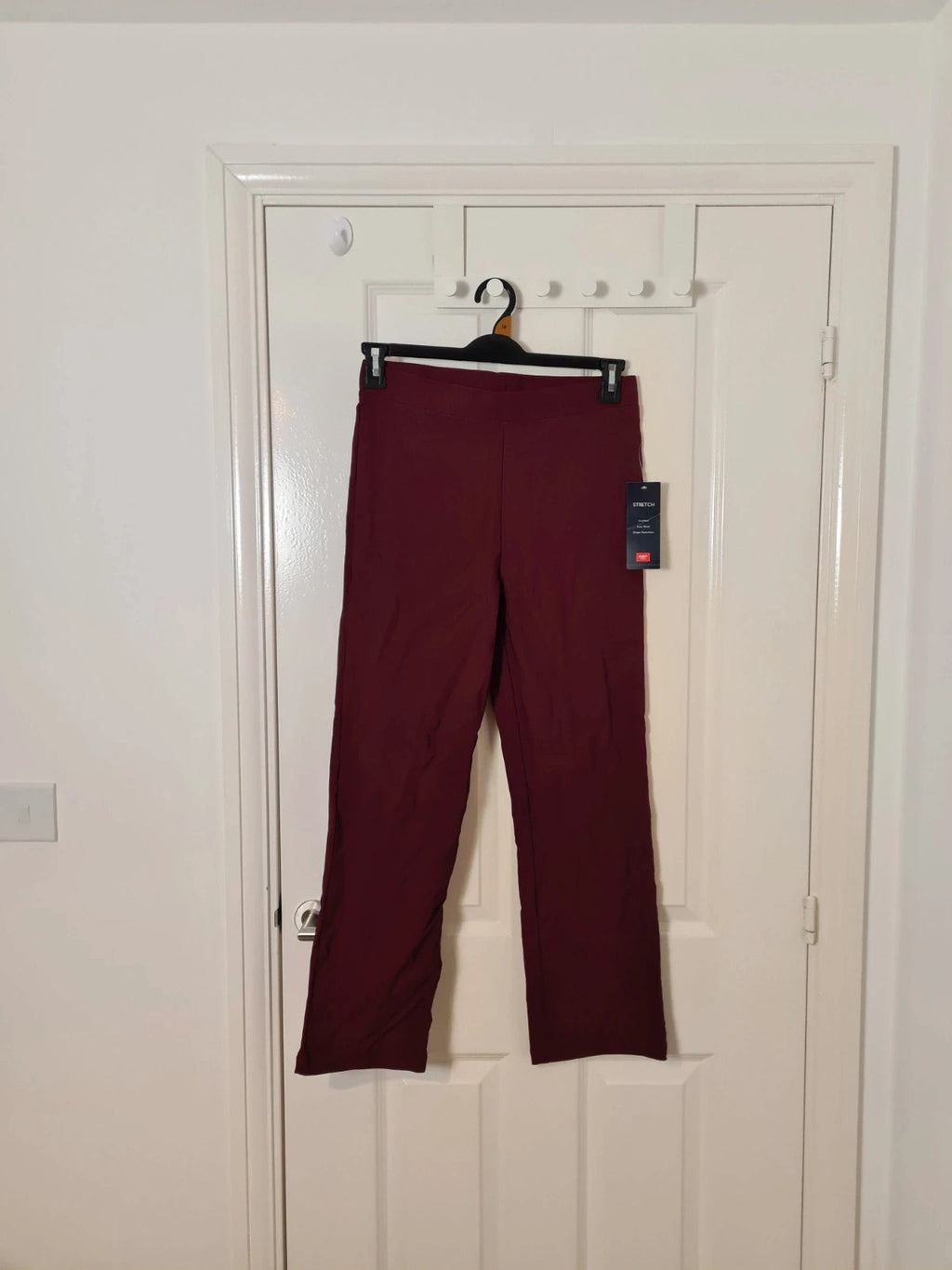 Cotton traders women burgundy pull on cosy trousers straight leg super stretchy fleece lined L/12