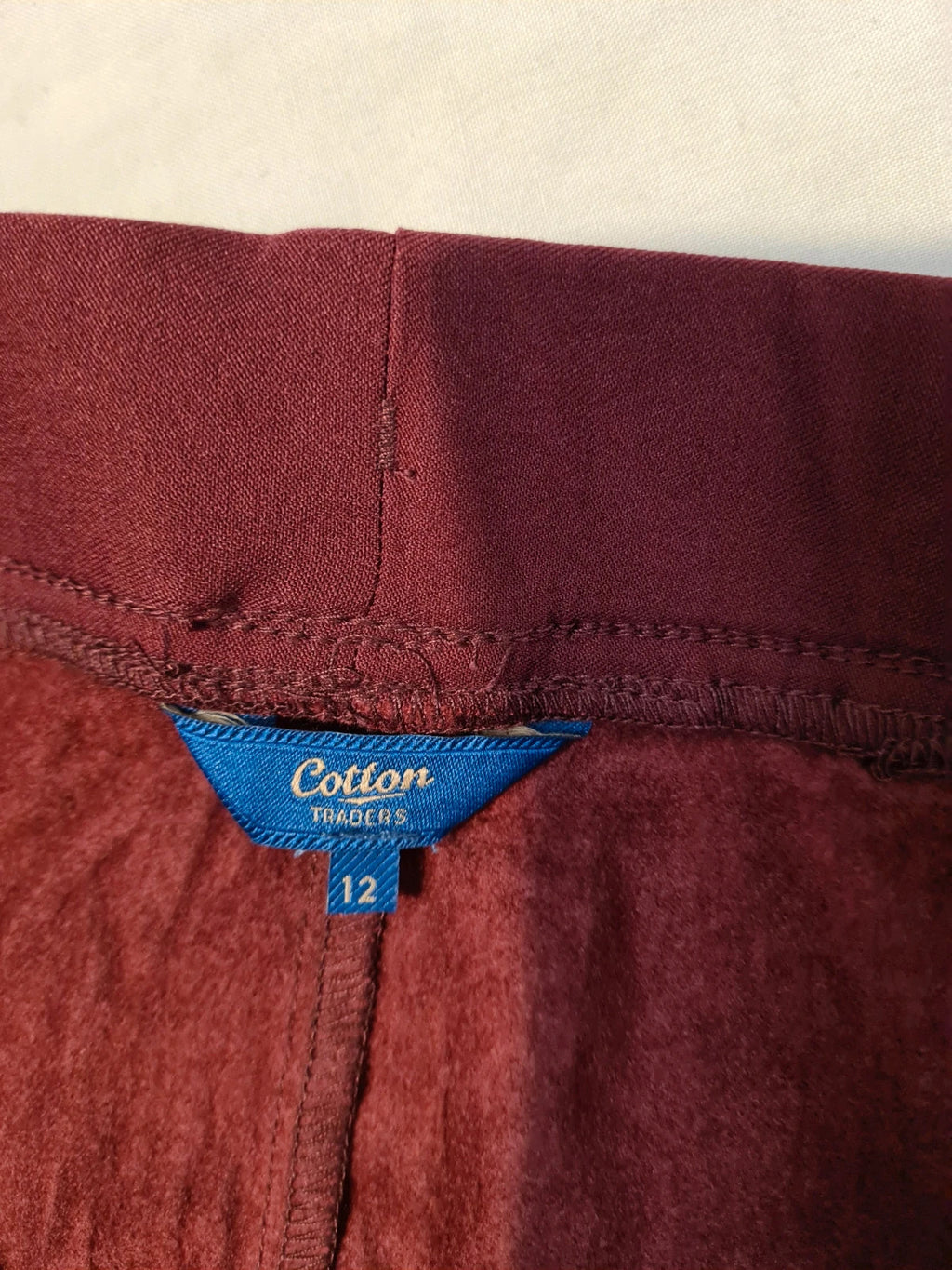 Cotton traders women burgundy pull on cosy trousers straight leg super stretchy fleece lined L/12