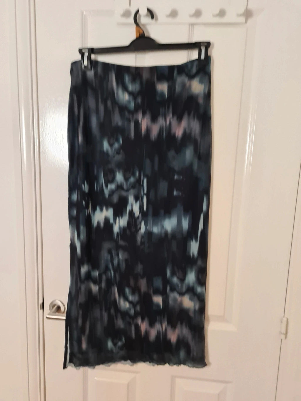 New Look women navy abstract print mesh midi dress elastic waistband lining split on side XL/14